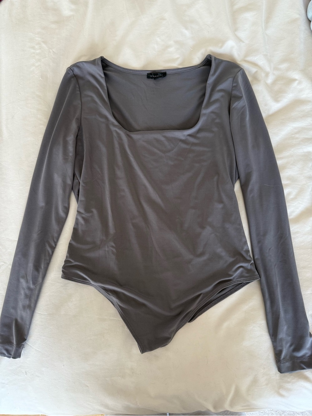 Dynamite Charcoal Grey Long-Sleeve Square Neck Bodysuit